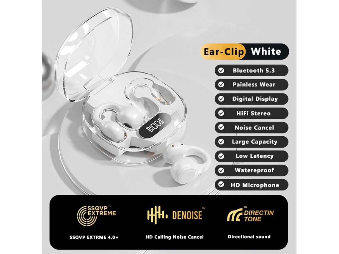 Auriculares Inalámbricos Bluetooth 5.3 (blancos), Con Gancho Para La Oreja Y Pantalla Led.