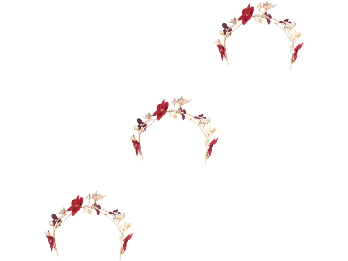3pièces Diadème De Mariage Élégant Rouge Avec Fleur Et Imitation Accessoire Cabello Pour Mariée