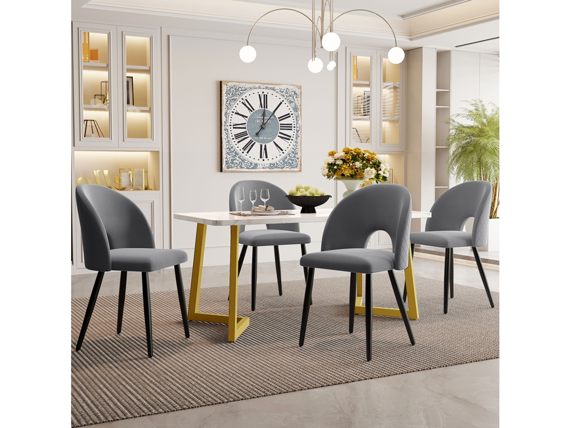 Conjunto Comedor 117x68 Cm - Mesa Rectangular Moderna Con 4 Sillas, Terciopelo Gris, Patas Doradas