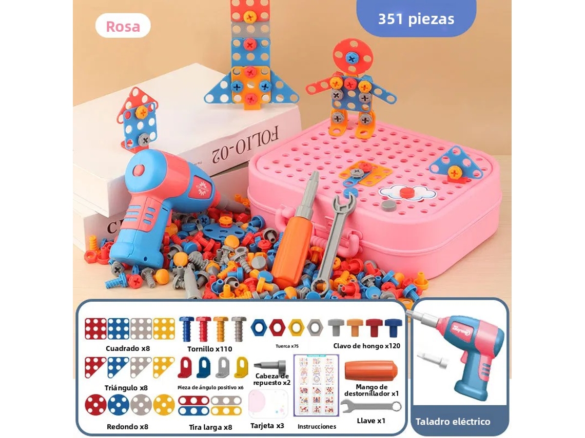 Juego de herramientas para niños con brocas eléctricas, tornillos, tuercas y piezas de rompecabezas (rojo, 351 piezas)