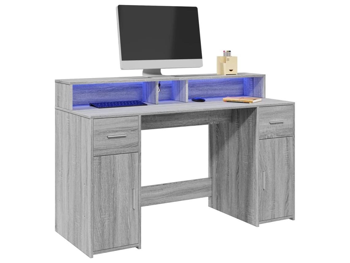 Escritorio | Mesa | Escritorio con luces LED 140x55x91cm Madera sintética Gris Sonoma