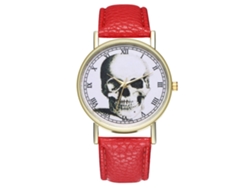 Reloj De Pulsera Informal Con Estampado De Calavera Y Correa De Cuero Sintético Rojo.