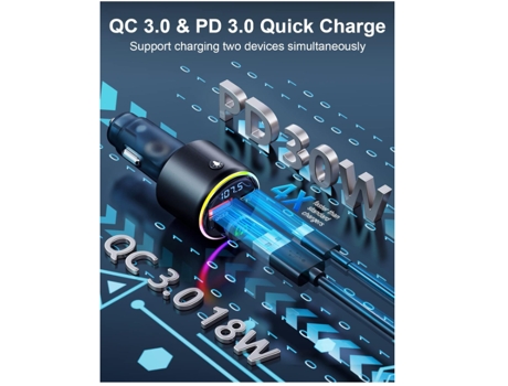 Transmisor FM Bluetooth 5.3 para automóvil, Cargador de automóvil USB Tipo-C PD 30W y QC3.0 18W, Adaptador de automóvil Bluetooth para encendedor d...