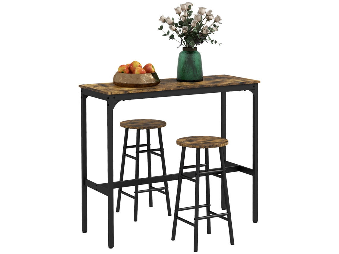 Mesa alta de bar y 2 taburetes, estructura de acero, tablero efecto caoba, capacidad para 2 personas, color negro. PMM CAPITALI