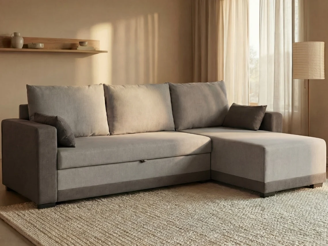 Sofá Cama 3 Plazas BUDWING Leah Bicolor Gris + Chaise Longue (233 x 140 x 69 cm - Reversible Lado Derecho/Izquierdo)