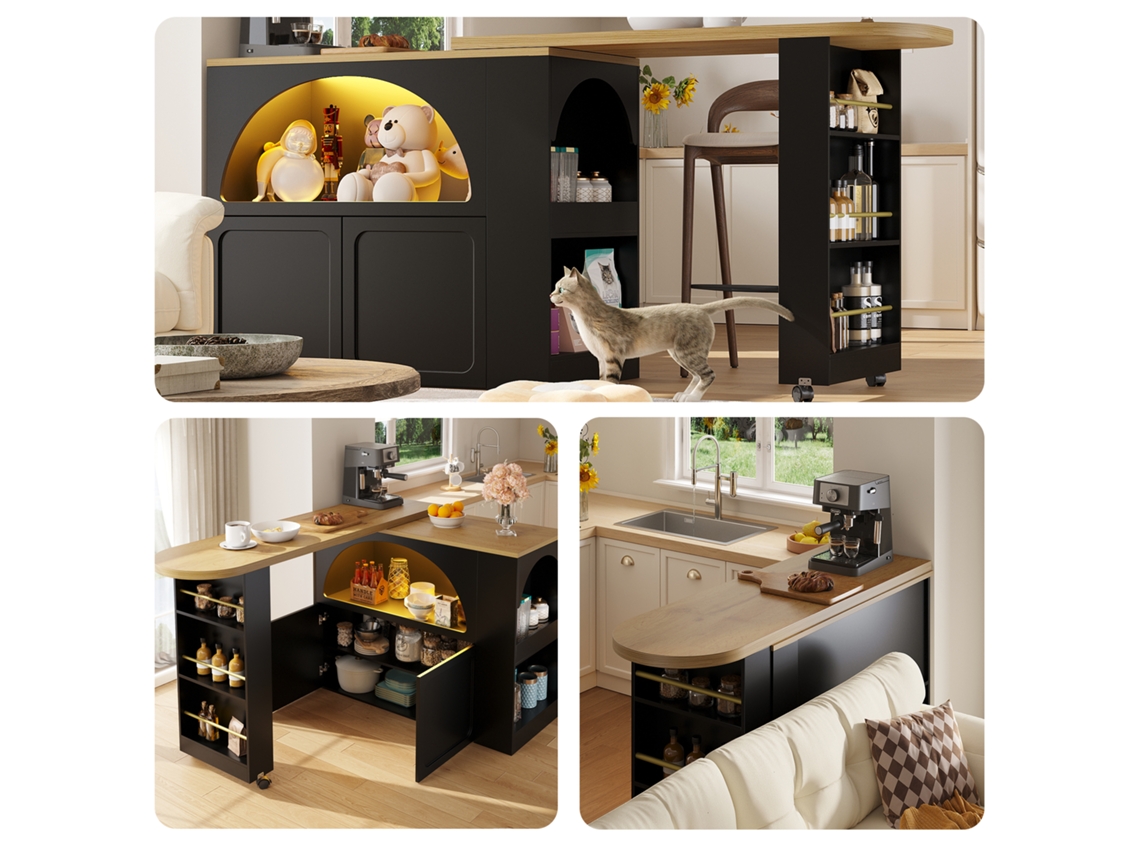 Mesa de bar extensible 135 205×39×100 cm moderna mesa de bar móvil con almacenamiento y diseño de puerta curva negra Mobrio