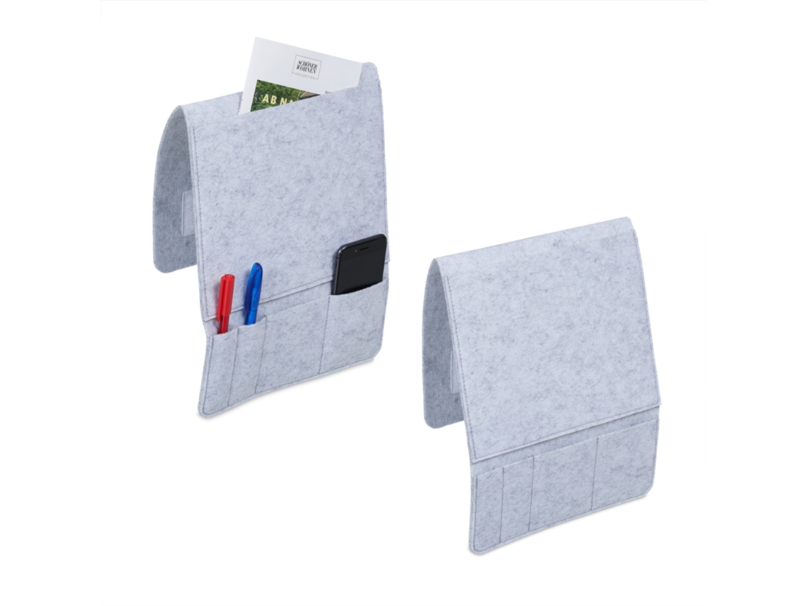 Relaxdays Organizador Cama 5 Compartimentos, Cierre Contacto Fieltro, Bolsillo Cabecero, 33,5 X 25 X 3 Cm, Gris Claro