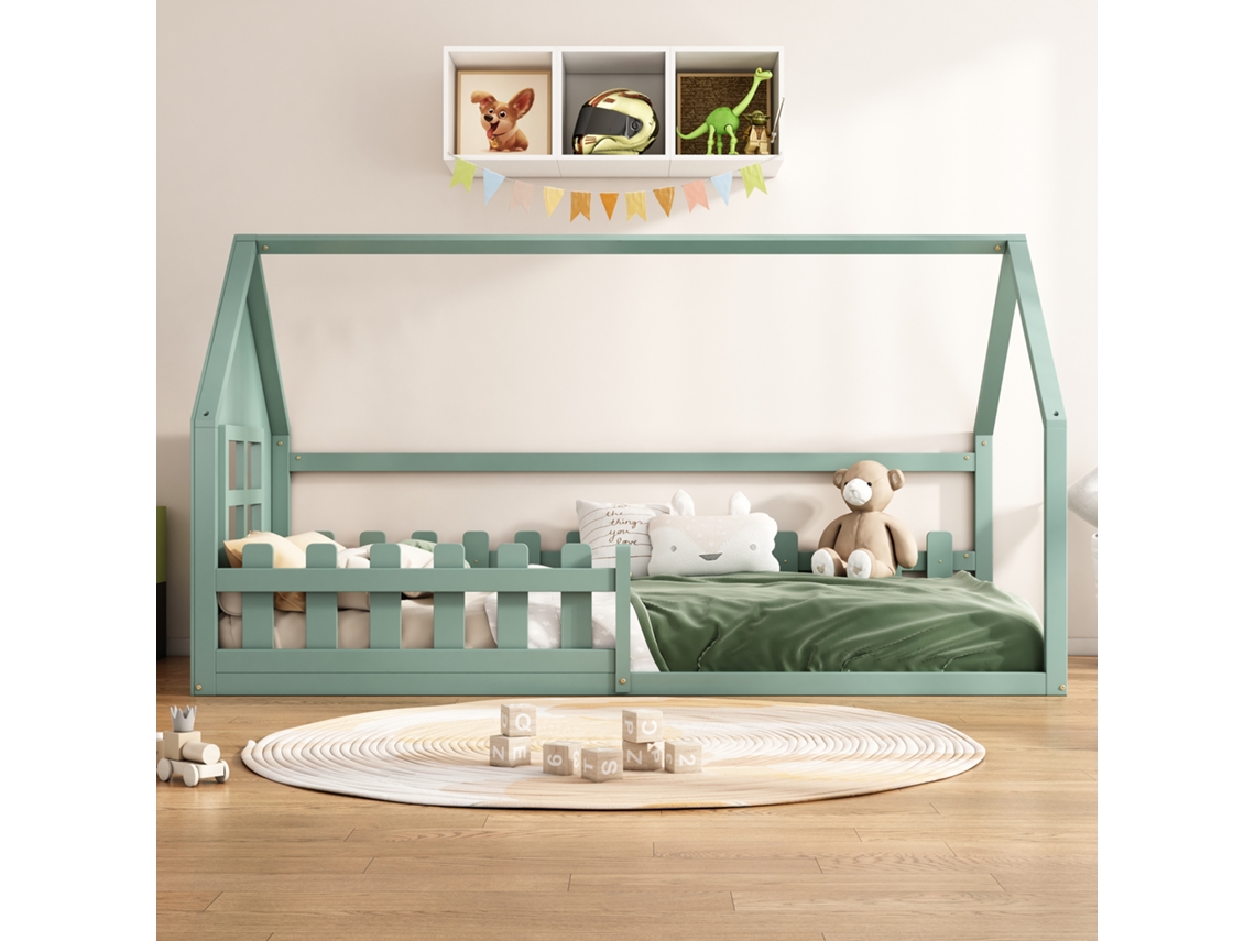 Cama infantil tipo cabaña de 90x200 cm con forma de casa en madera de pino y MDF estilo verde