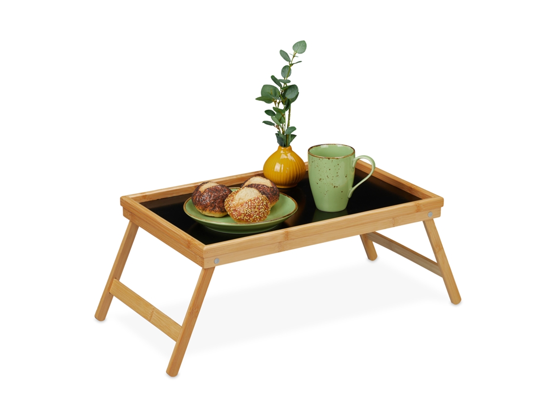 Tabuleiro De Cama Dobrável Relaxdays, Com Pés, Pequeno-almoço, Bambu E Mdf, Hbt 23 X 61,5 X 31 Cm, Natural/preto