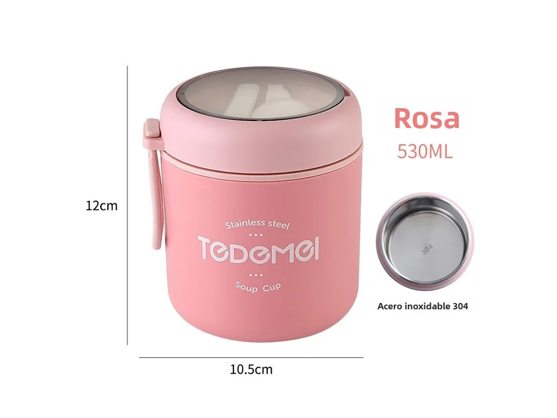 (Rosa 530 ml) Botella térmica de acero inoxidable para sopa con cuchara, fiambrera térmica con palanca