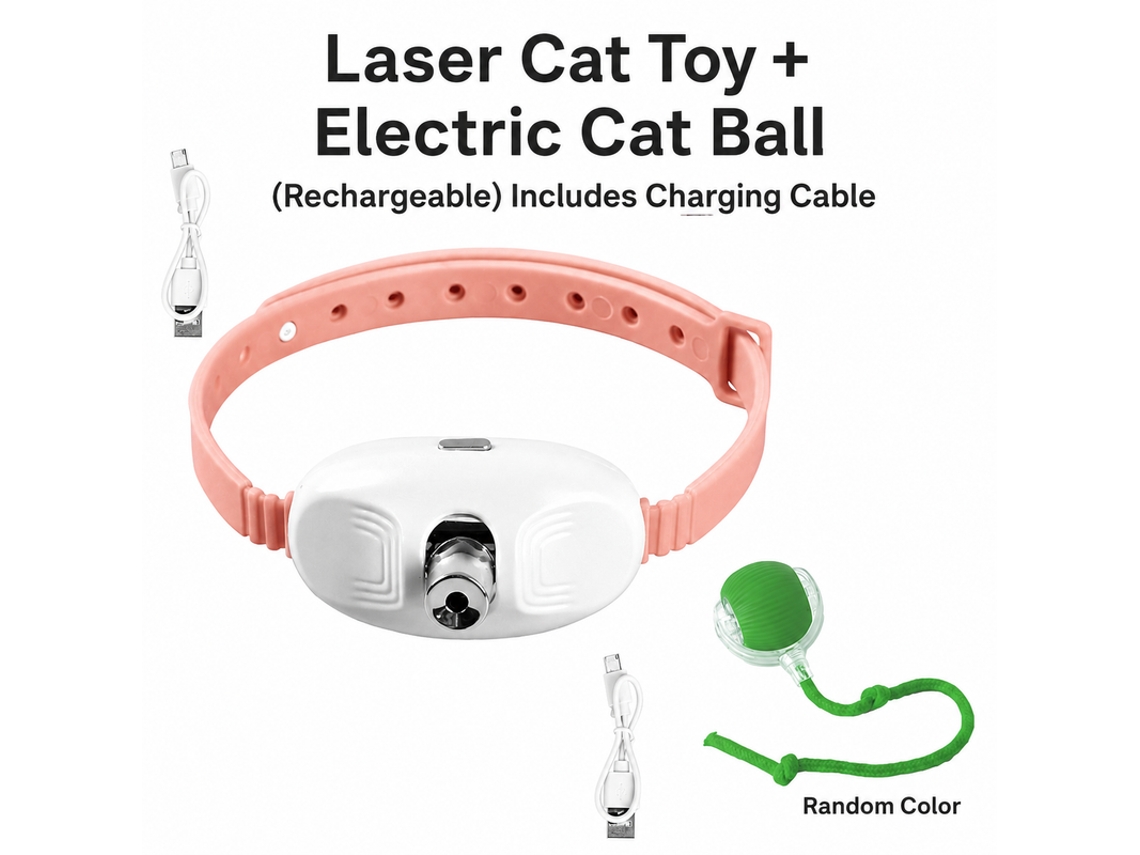 Conjunto Premium Brinquedo para Gatos Colar Laser Rosa + Bola Elétrica Verde Recarregável | YANYXR
