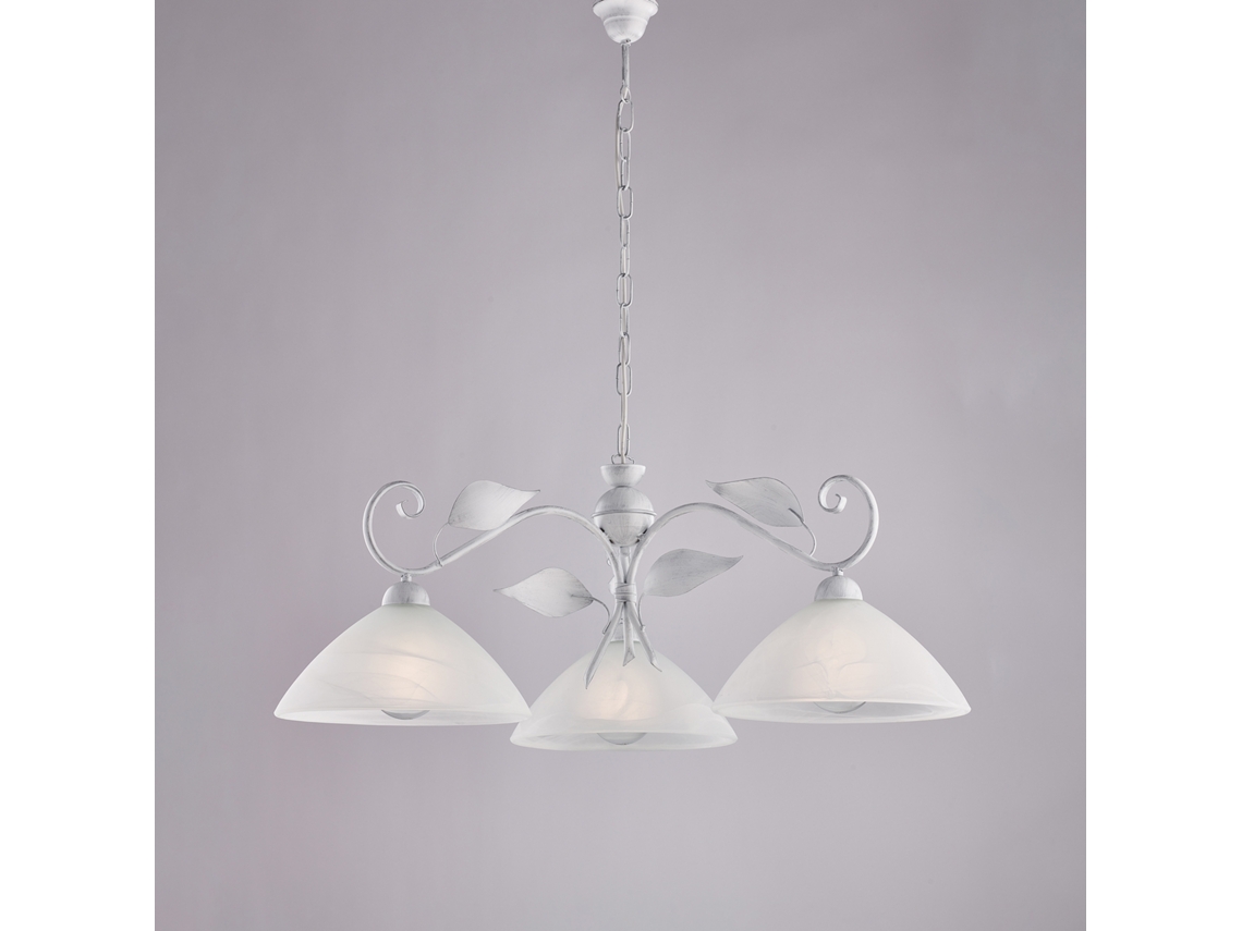 Lámpara de araña de hierro blanco con decoración en plata antigua y cristal, diámetro 30 cm, alabastro blanco, 3 luces, 96 cm de diámetro, BL313, 3 luces, Belight
