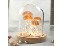 Elegante ramo de flores eternas bajo una cúpula de cristal, con luz LED a pilas para una decoración romántica del hogar.