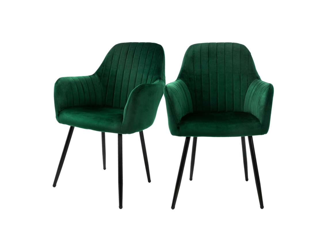 Conjunto de 2 Cadeiras de Jantar com Encosto e Apoio de Braços Verdes com Capa de Veludo e Pernas de Metal ML-DESIGN