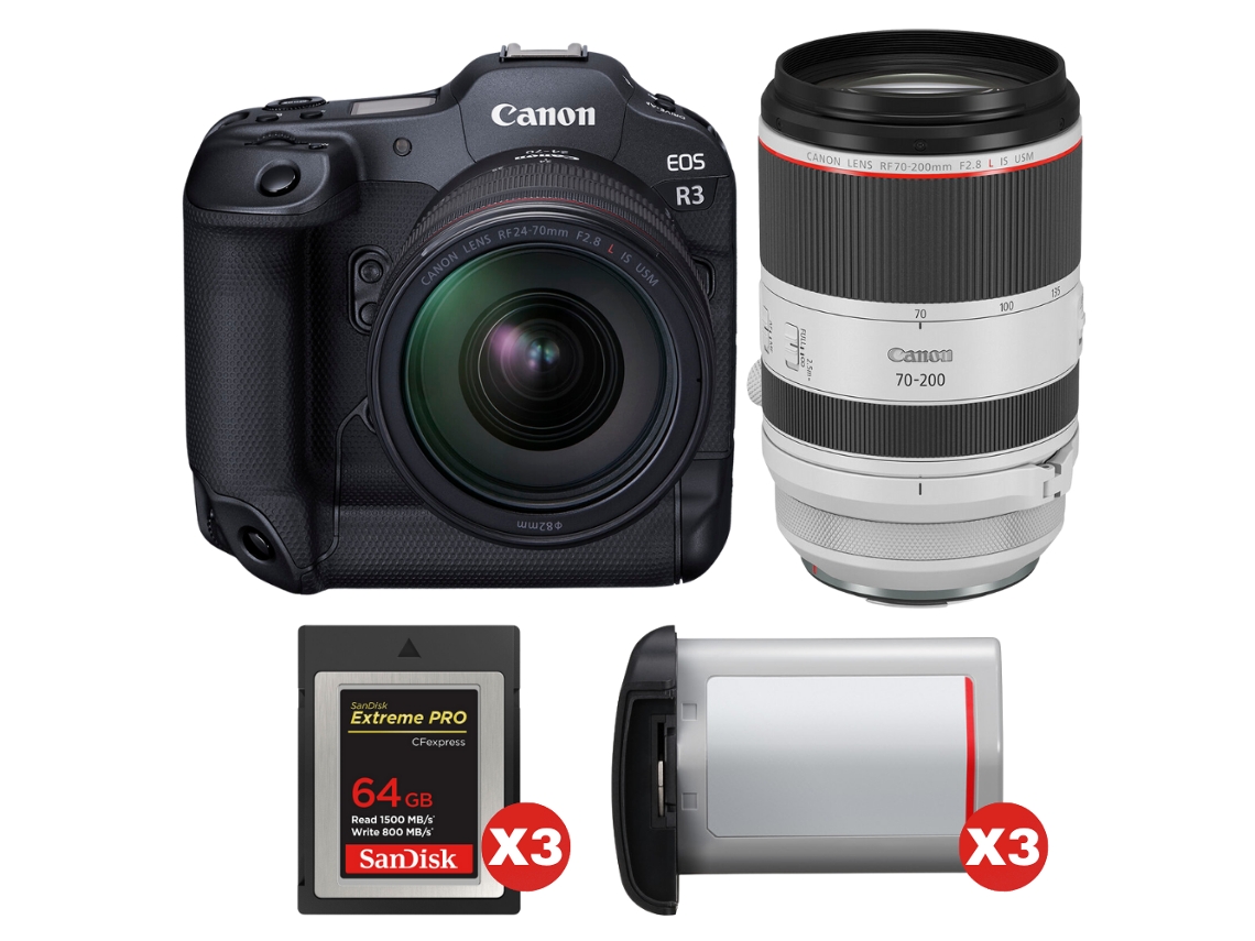 Canon Eos R3 + Rf 24-70mm F/2.8 L Is Usm + Rf 70-200mm F/2.8 L Is Usm + 3 Sandisk 64gb Extreme Pro Cfexpress Type B + 3 Canon Lp + Ebook Pricedirect