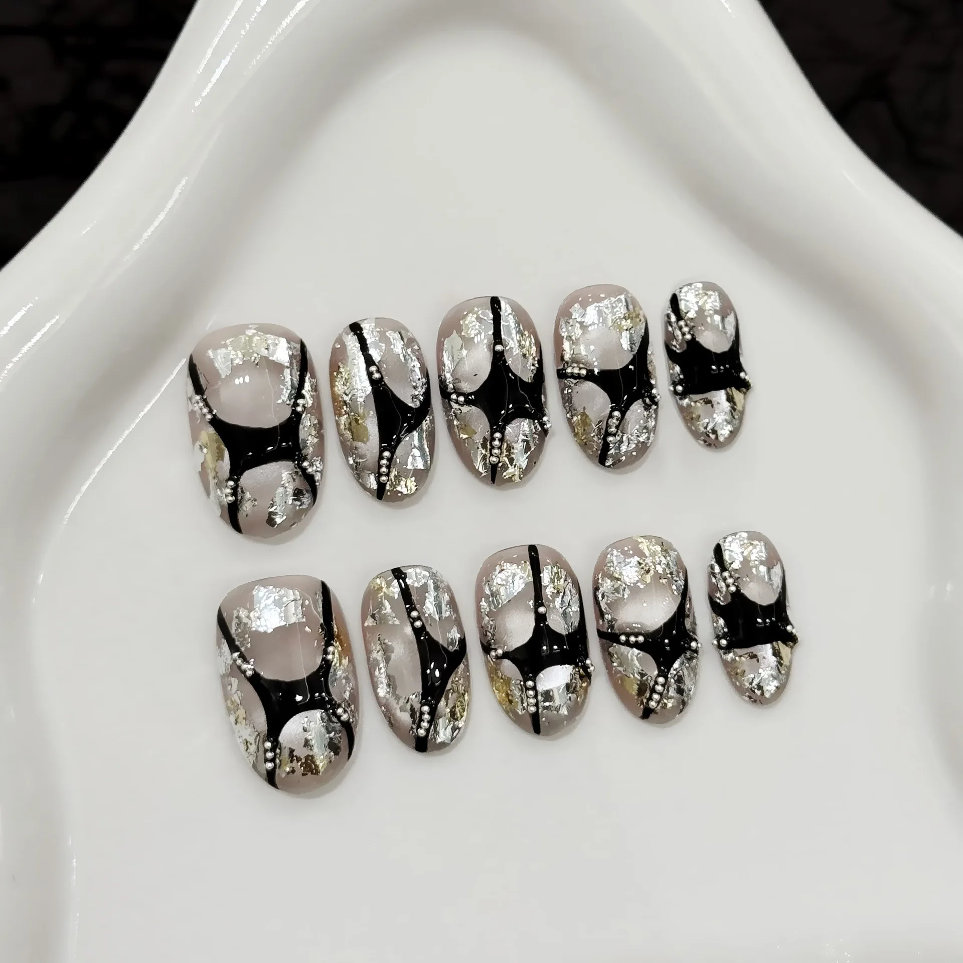 (3071-xs) Paquete De 10 Pegatinas De Uñas Ovaladas Cortas Prensadas A Mano
