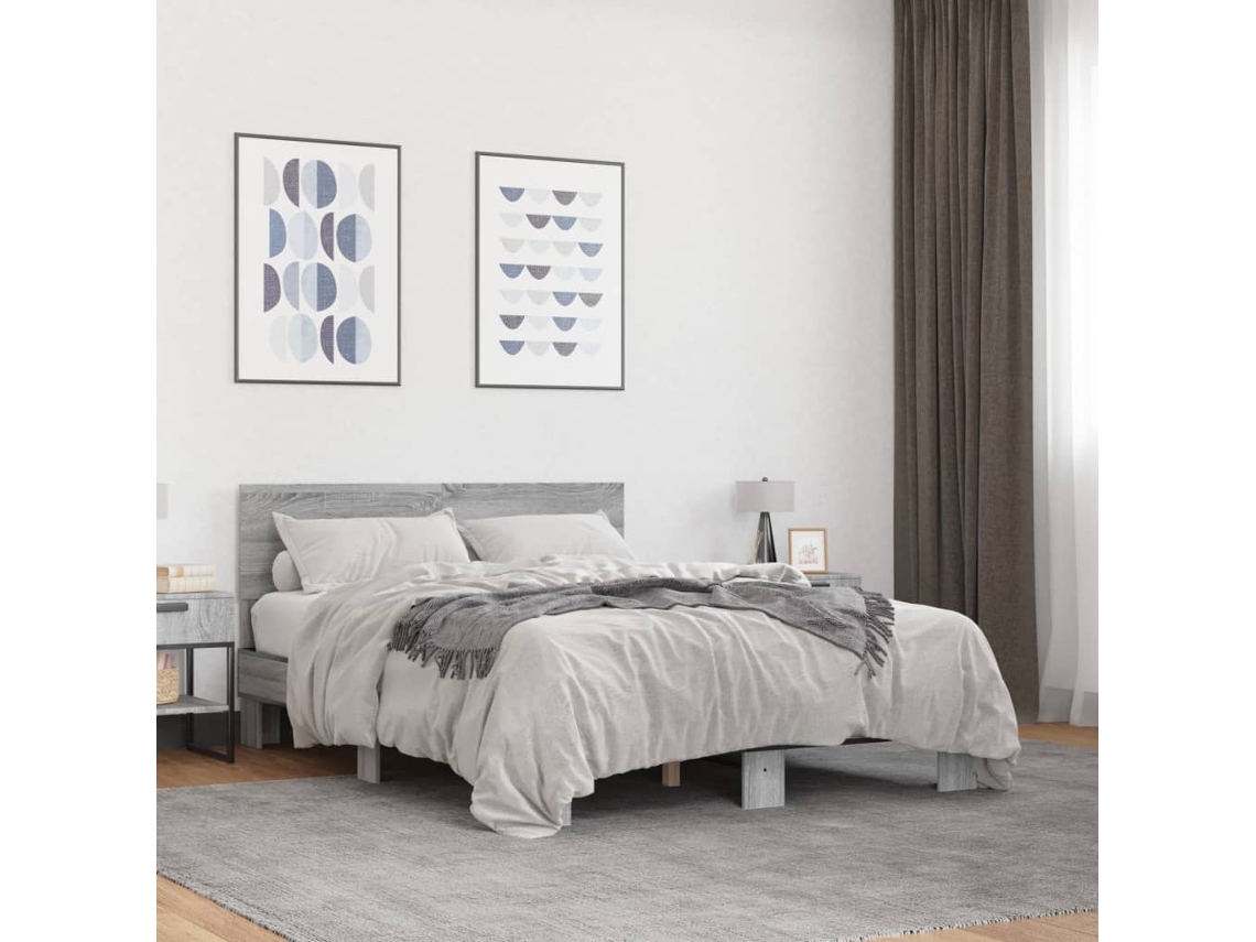 Estructura Cama Madera Ingeniería Metal Gris Sonoma 140x190 Cm