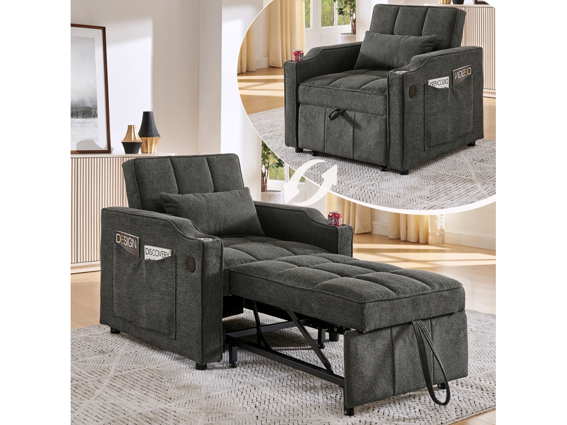 Sofá Cama 1 Plaza - Estilo Minimalista Elegante Y Lujo Ligero, Diseño Deslizante, Función De Carga Usb - Gris