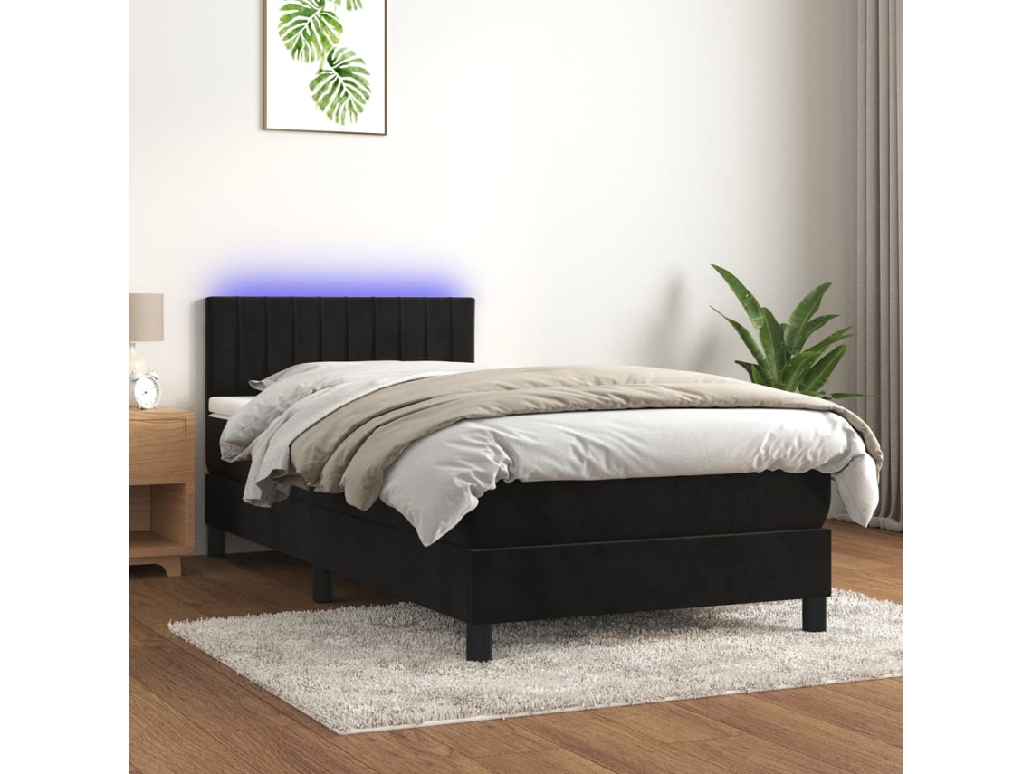 Cama Box Spring Colchón Y Led Terciopelo Negro 100x200 Cm