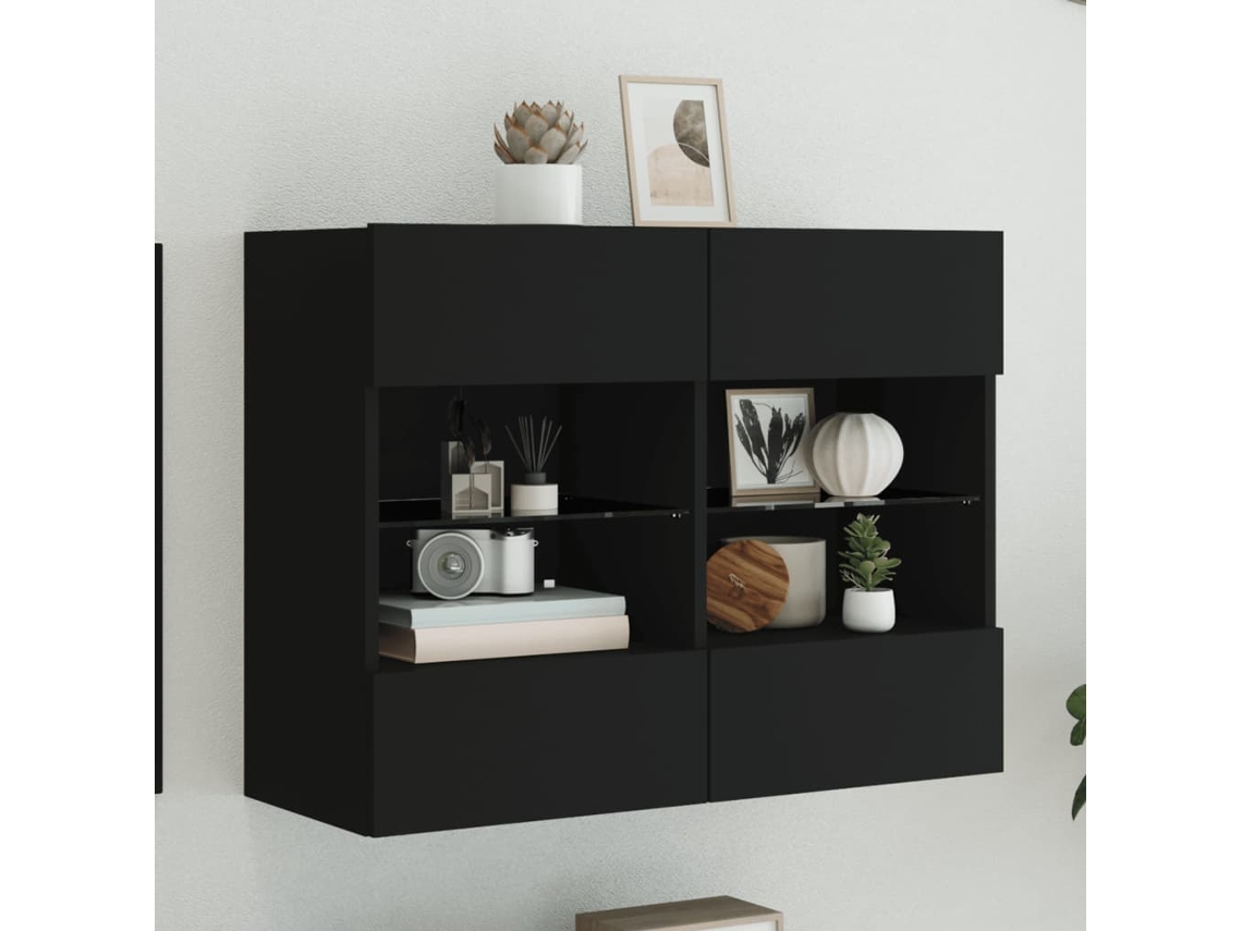 Mueble De Tv De Pared Con Luces Led Negro 78,5x30x60,5 Cm