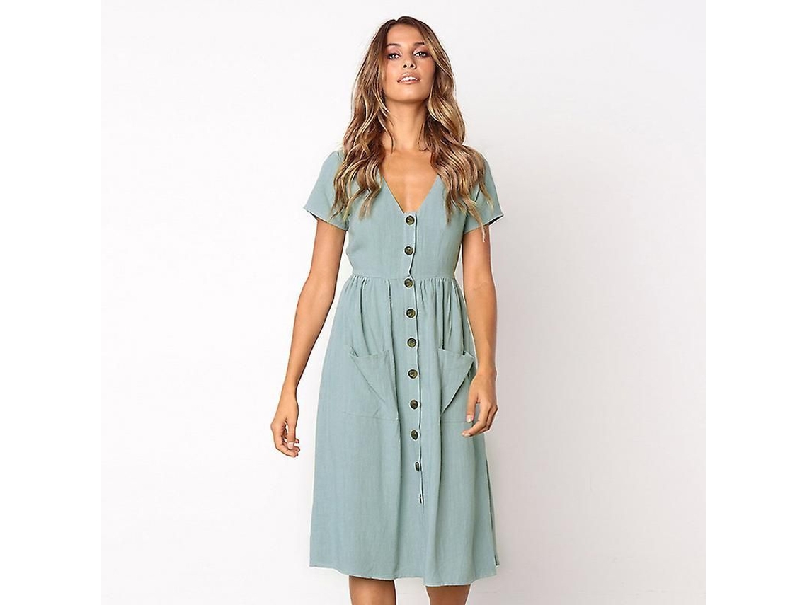 2026-vestido Casual Midi Para Mujer Manga Corta Cuello V Botones Con Bolsillos Verano A-line