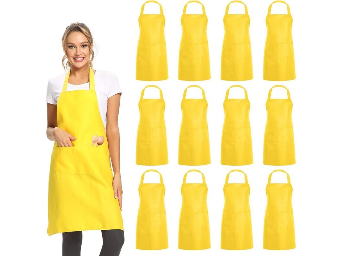 2026da-delantal Bib Plano 12 Pack Con 2 Bolsillos Amarillo Unisex Para Cocina Restaurante Bbq Pintura Artesanía