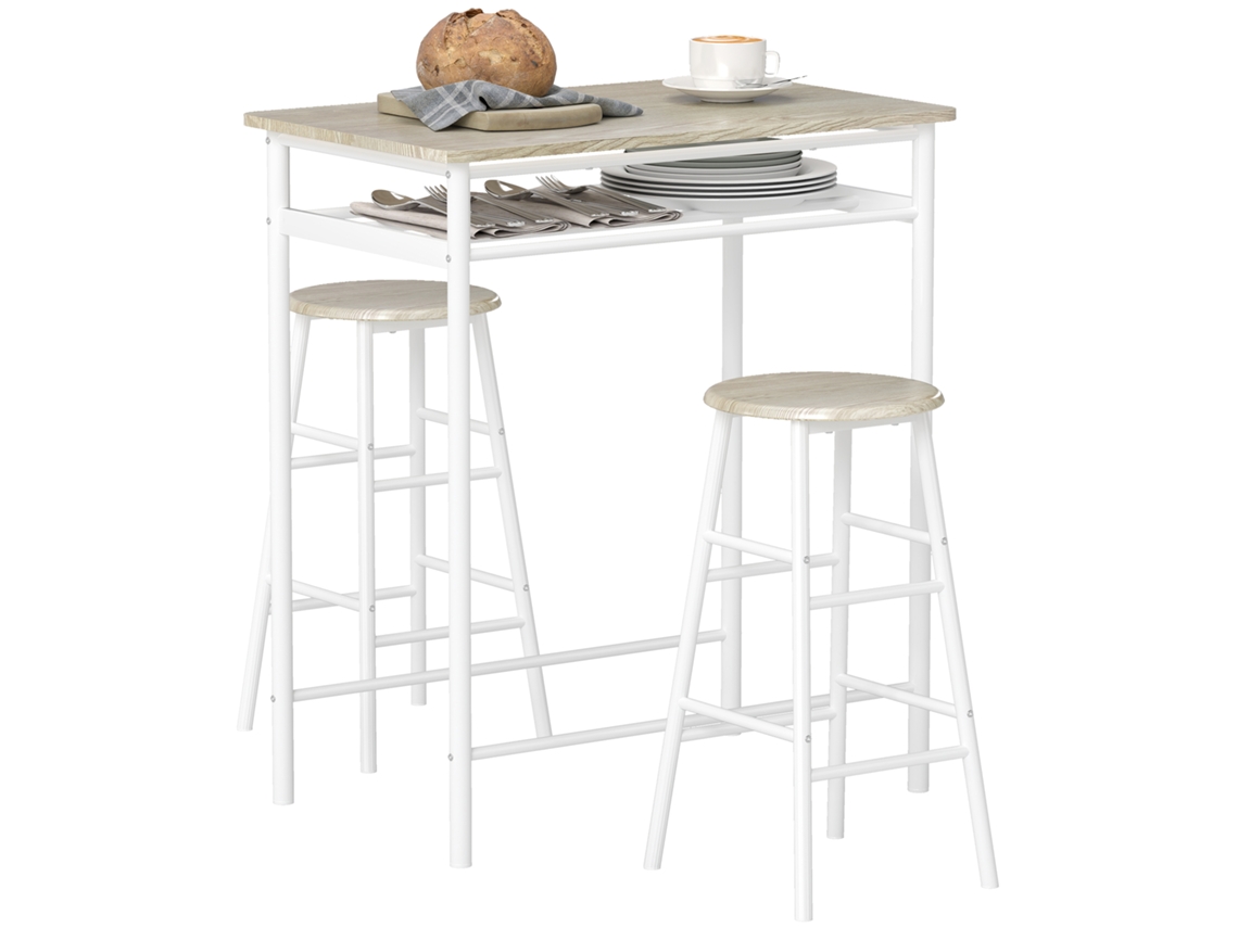 Juego De Mesa Alta Con 2 Taburetes Y Estante, Color Blanco.