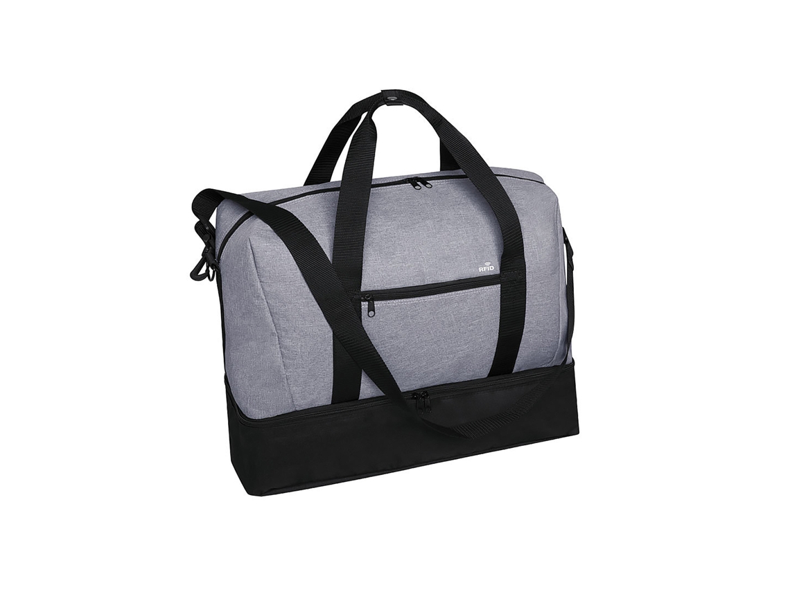 Bolsa de viaje de poliéster 6000D con ribete de tela vaquera y protección RFID. Compartimento para zapatos.