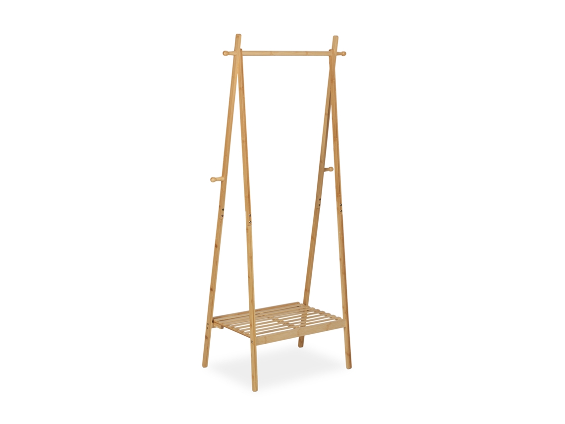 Relaxdays Perchero De Bambú, Plegable, Barra De Colgar Ropa Con Estante, 4 Ganchos, 160 X 74 X 42 Cm, De Pie, Natural