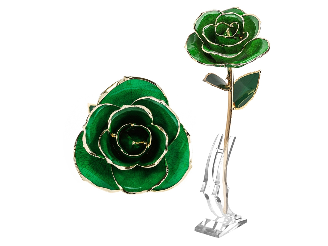 Rosa Verde De Tallo Largo Bañada En Oro De 24 Quilates Con Soporte Dorado Y Caja De Regalo.