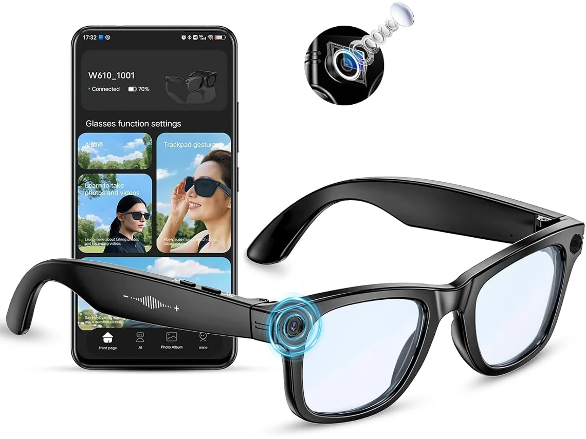 Gafas Inteligentes Con Ia, Cámara De 8 Mp, Micrófono Dual, Llamadas Bluetooth, Grabación De Vídeo Y Reconocimiento De Objetos Gpt (negro)