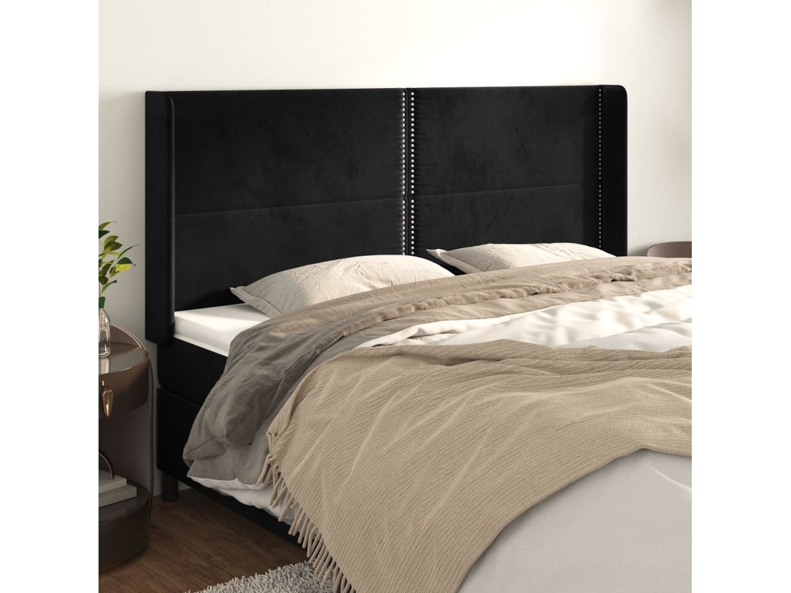 Cabecero Con Orejas De Terciopelo Negro 203x16x118/128 Cm