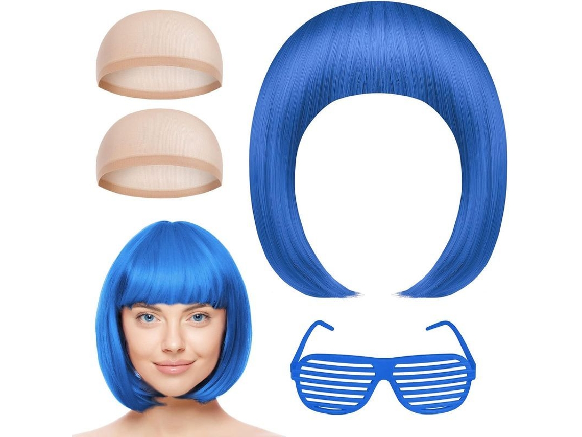 Conjunto De 4 Pelucas Cortas Azules Estilo Bob Con Gafas Y Linterna, Accesorio Neón Para Fiestas De Disfraces Y Cosplay.