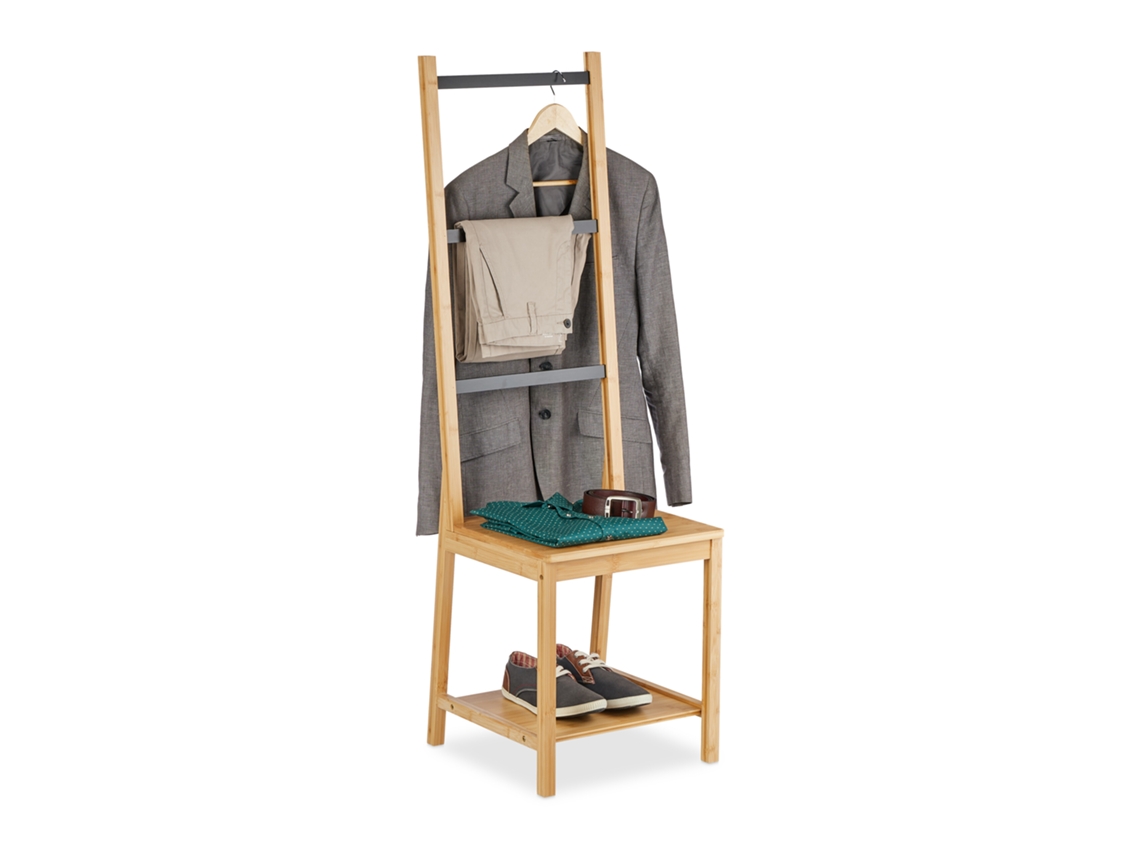 Relaxdays Galán De Noche Con Balda, Bambú, 133x40x42 Cm, Silla Perchero Dormitorio, Soporte Toallas, Natural/negro
