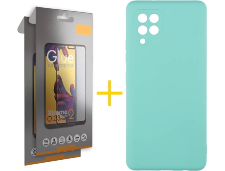 Funda y Protector 2x de Vidrio Full Samsung Galaxy A42 5G SKYHE Silicona Líquida Verde Agua