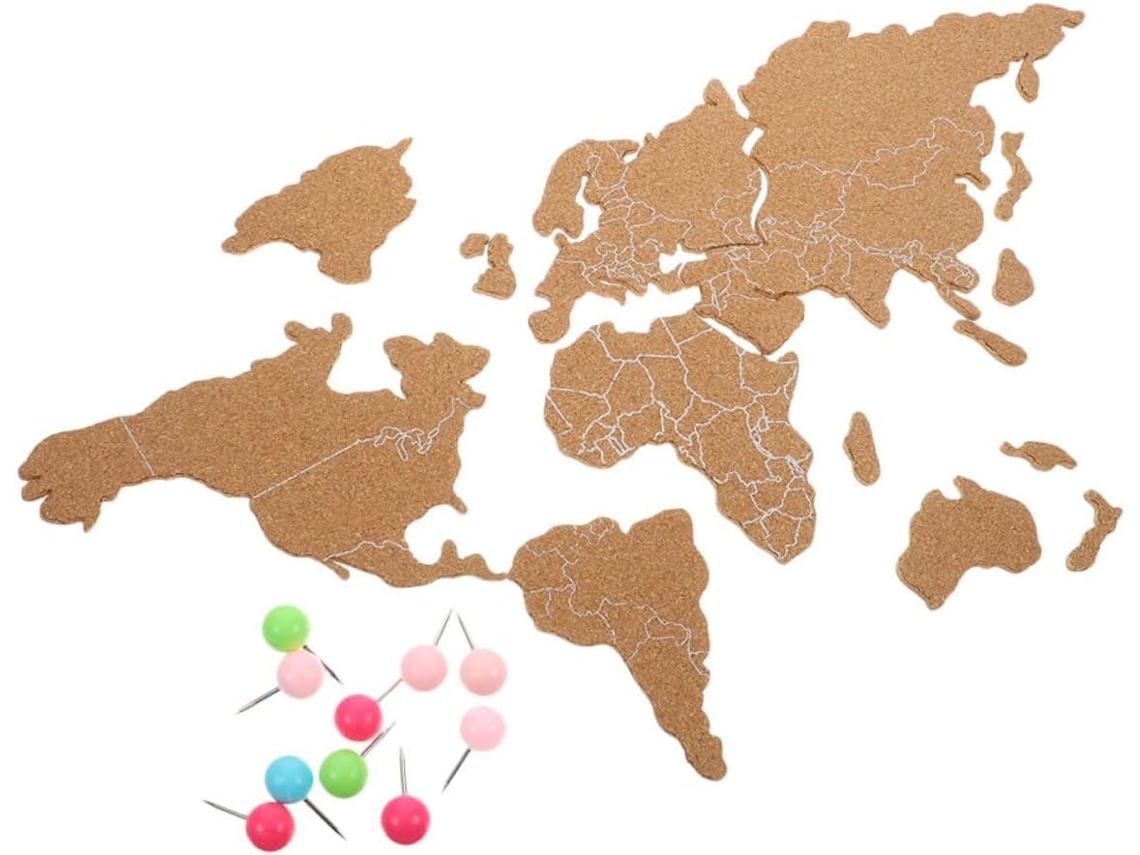 Mapa del mundo decorativo de corcho para pared, panel autoadhesivo de corcho, instalación fácil y modular.