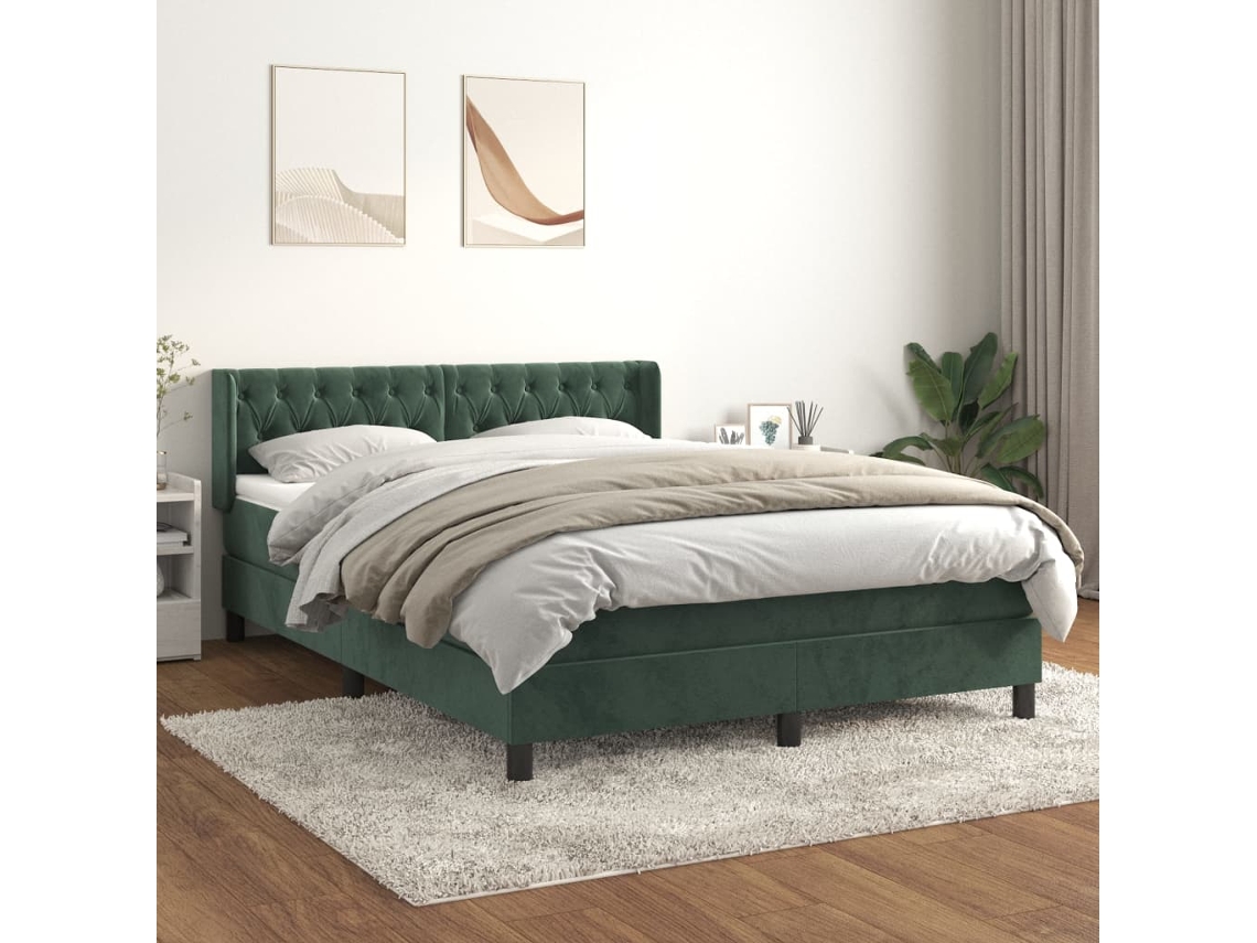 Cama Box Spring Con Colchón Terciopelo Verde Oscuro 140x190 Cm