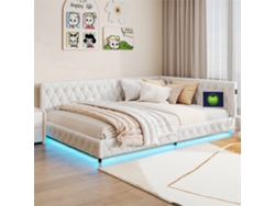 Cama Tapizada 140x200cm, Cama De Matrimonio Con Puerto Usb E Iluminación Led, Estructura De Metal, Beige