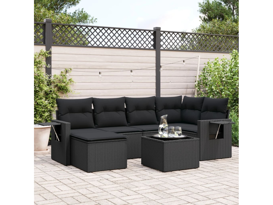 Conjunto de sofá de jardín de 7 piezas con cojines de mimbre negro de DKD Home Decor