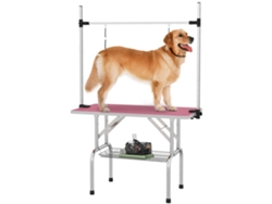 Mesa Plegable Para El Cuidado De Perros Con Cesta Metálica Y Barra Ajustable De Acero Inoxidable, 107x60x164 Cm, Rosa.