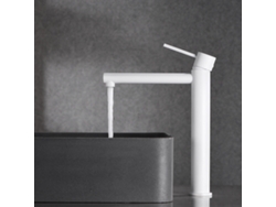 Grifo monomando para lavabo alto en latón blanco mate con cartucho cerámico de 25 mm y latiguillos flexibles, serie Milos Imex.