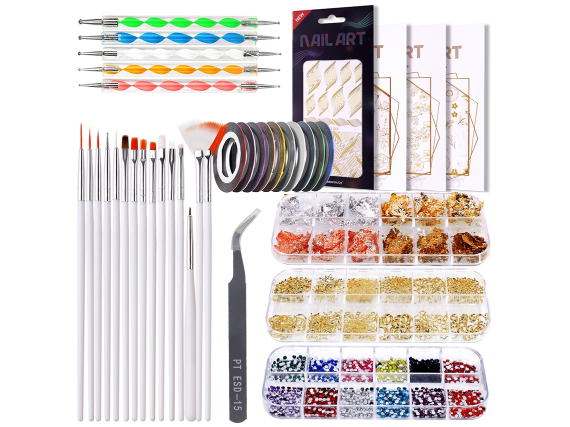 Kit de herramientas profesionales para decoración de uñas Rebe con pinceles, pegatinas y sellos para salones de belleza y diseño de uñas.