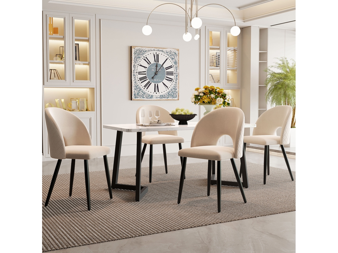 Juego De Comedor De 117x68cm, 4 Sillas, Terciopelo Beige, Patas Ajustables En Forma De Diamante, Mesa Negra.