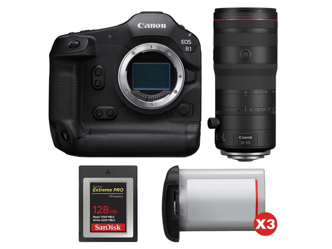 EOS R1 + RF 24-105 mm F/2.8 L IS USM Z + 1 tarjeta Sandisk Extreme Pro de 128 GB Cfexpress Tipo B + 3 Canon LP-E19 + Libro electrónico Pricedirect CANON