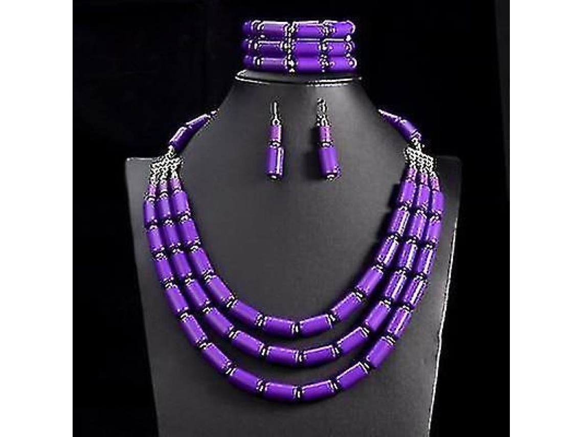 Juego De Joyería De Acero Inoxidable Para Mujer Con Collar, Pendientes Y Pulsera Moda Geométrica Dubai Dorado Púrpura