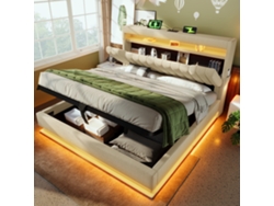 Cama Tapizada De 160x200 Cm Con Cabecero Con Almacenamiento, Usb-c, Led, Sistema Hidráulico, Color Beige Lino.