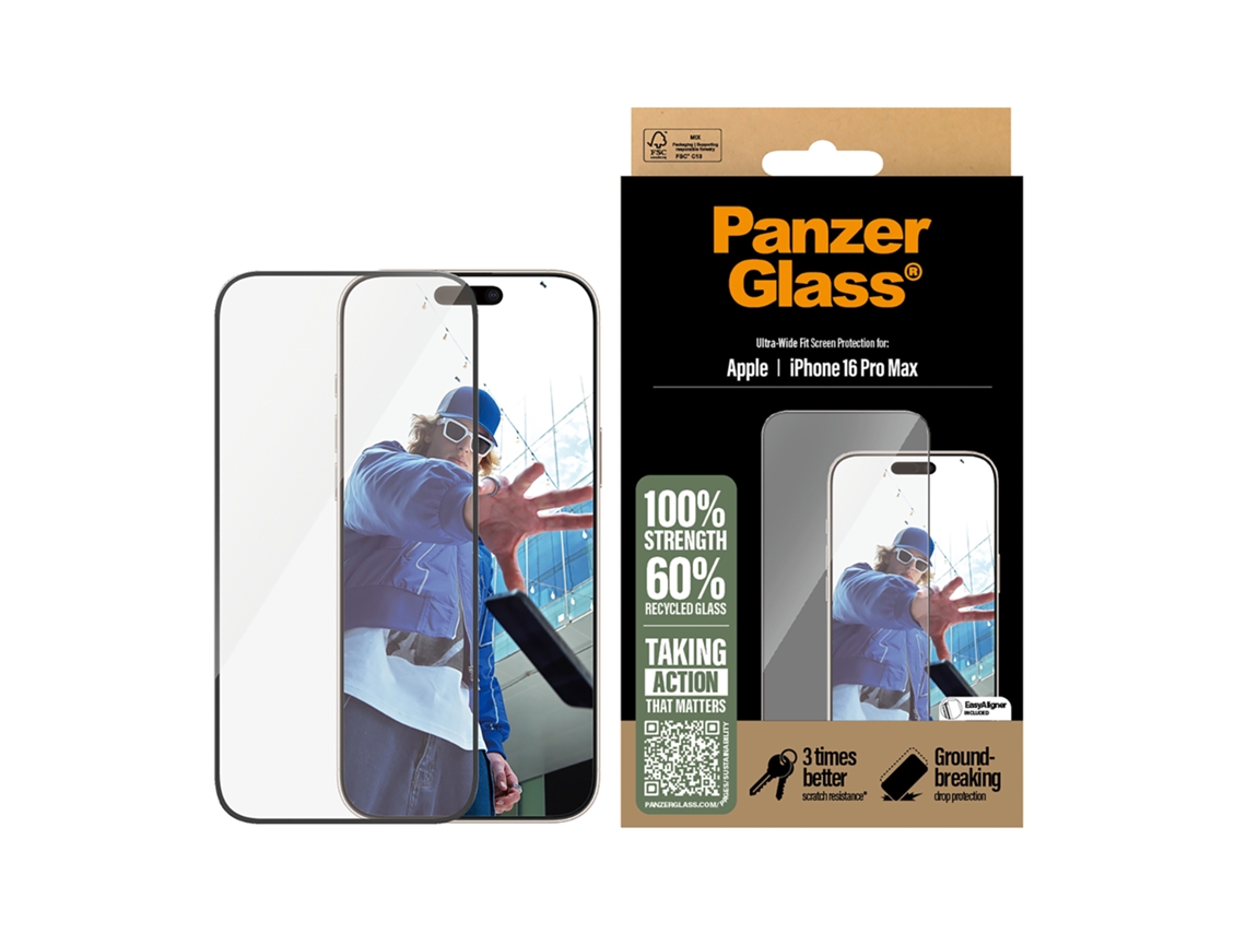 Protector de pantalla de vidrio templado PANZERGLASS para iPhone 16 Pro Max - Ajuste ultra ancho