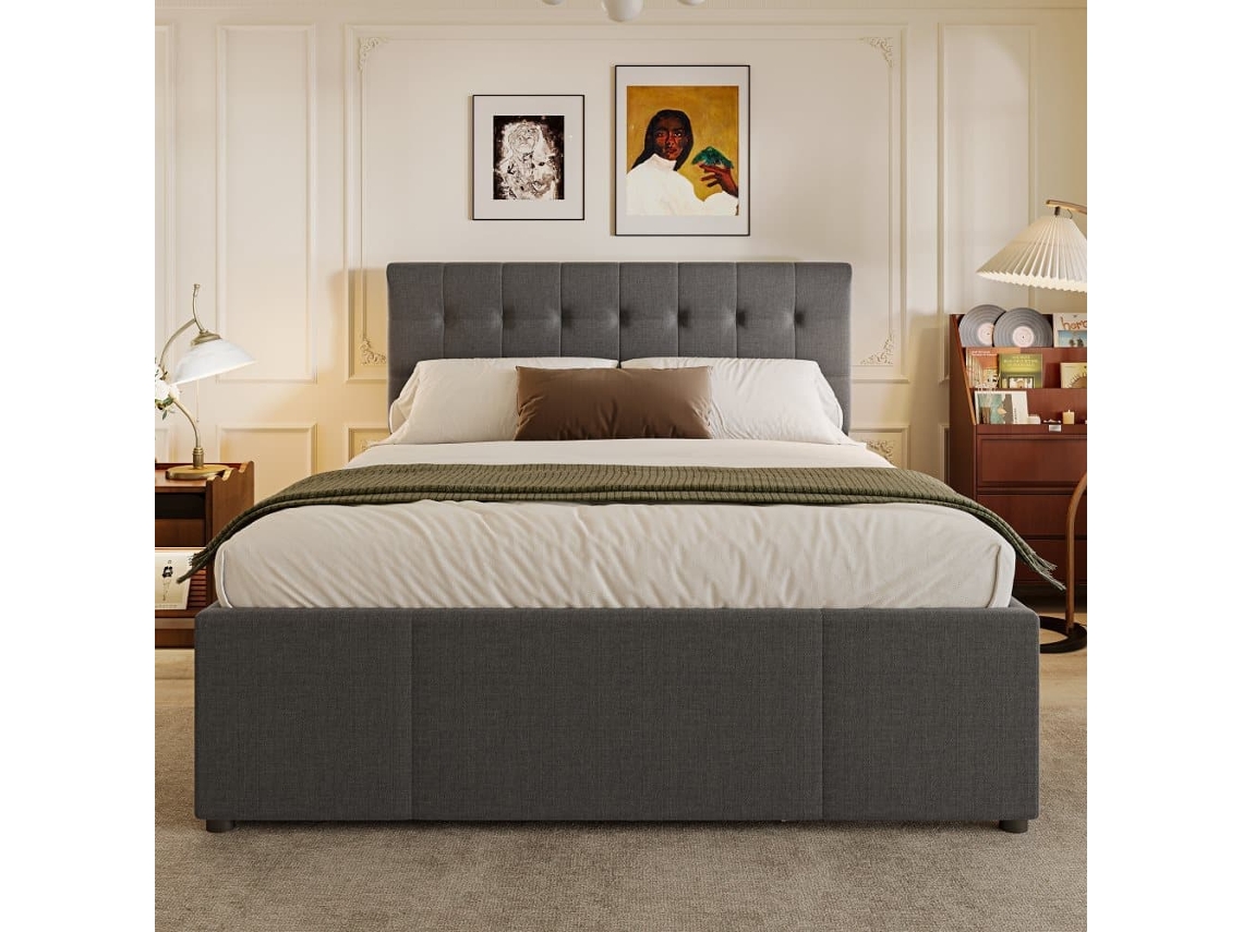 Cama Tapizada 140x200cm - Doble, Familiar, Matrimonial Con Tres Cajones, Extensible, Cabecero Ajustable - Gris