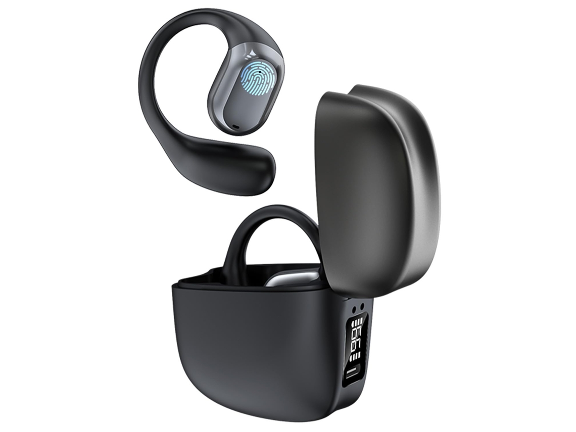 Auriculares Bluetooth 5.3 abiertos con pantalla digital y estuche de carga, ideales para correr y hacer ejercicio, color negro.