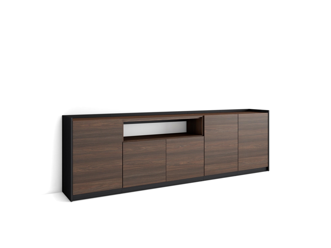 Aparador de comedor, 260x37x80cm, 5 puertas, armario de almacenamiento, roble oscuro y negro.